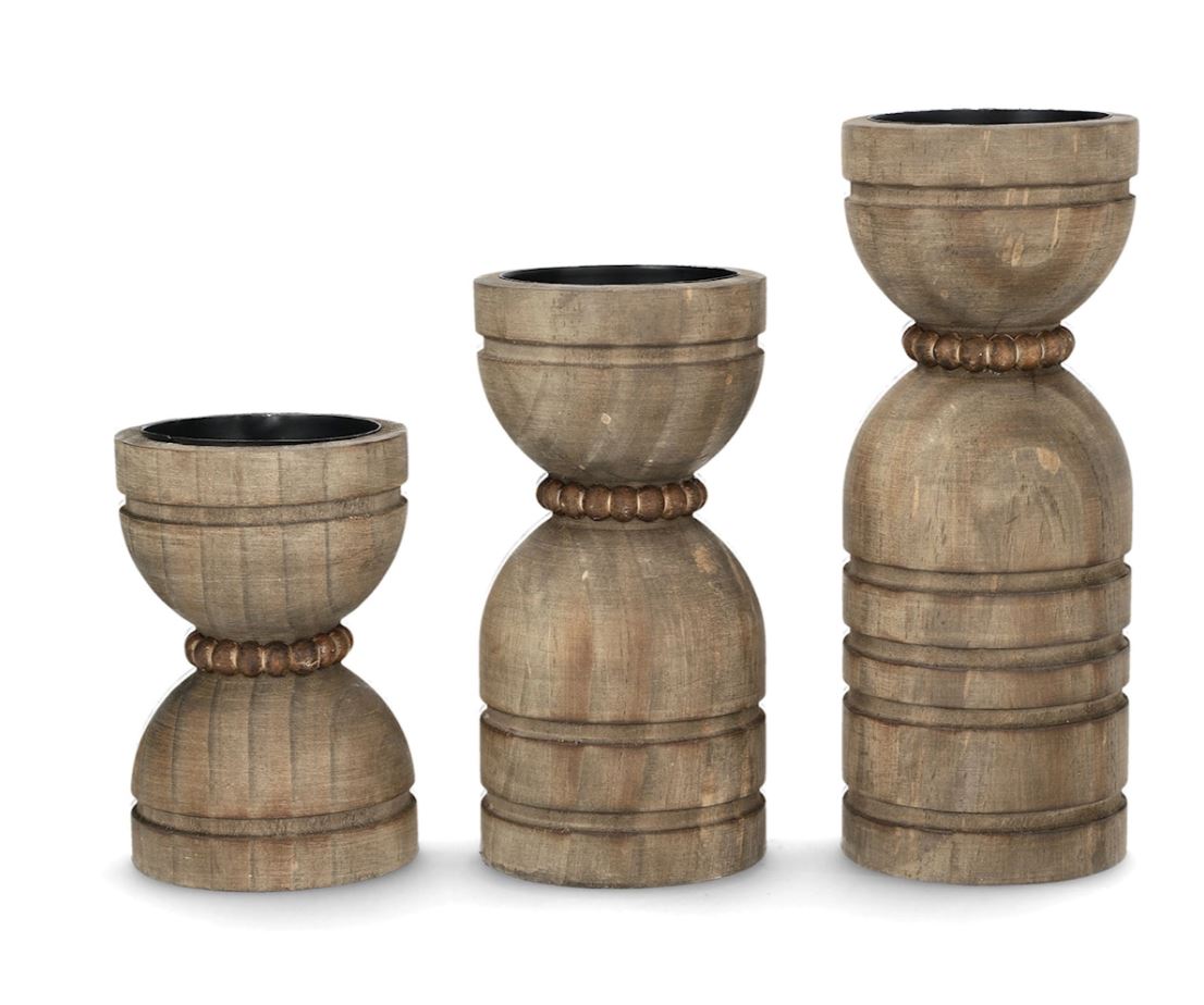 Sett med 3 trelysestaker - Timeglassform 15/20/25 cm i naturtre