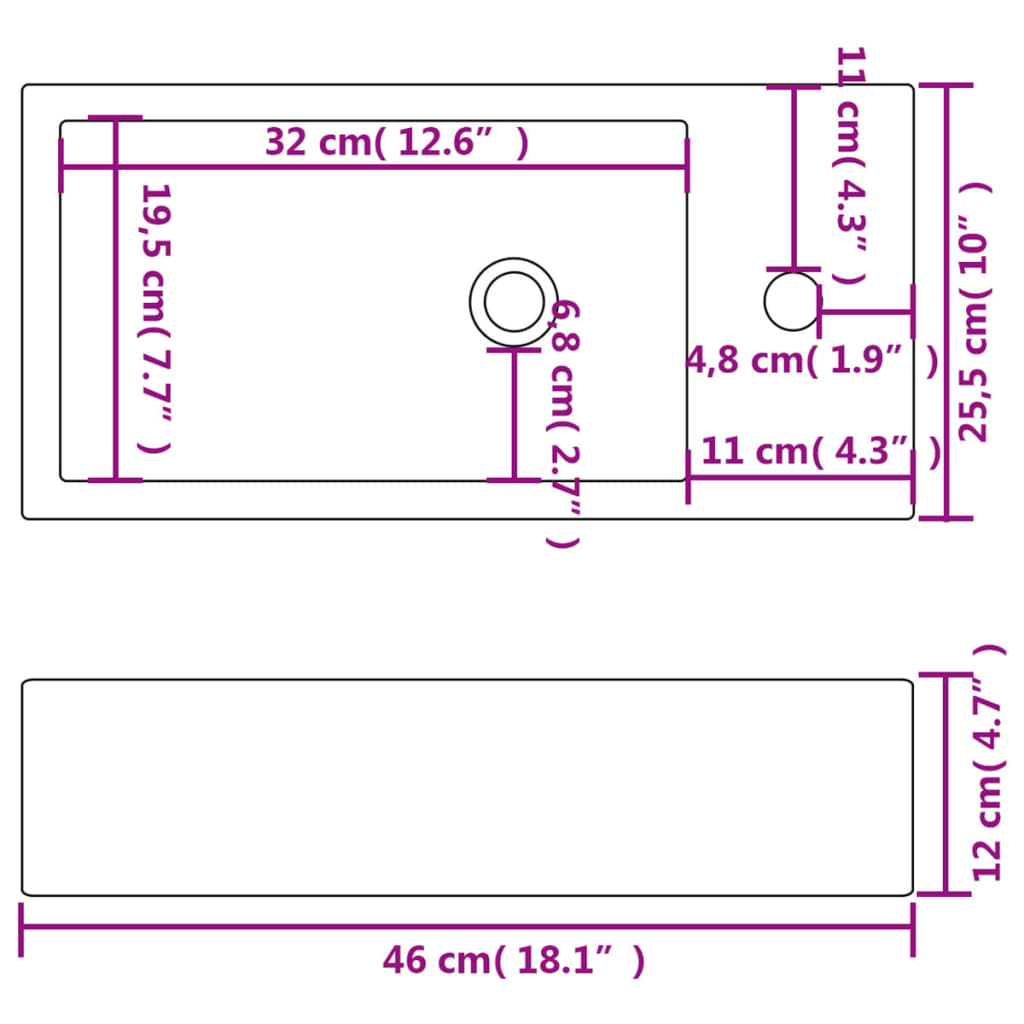 Baderomservant med kranhull rektangulært keramisk Hvit 46x25,5x12 cm