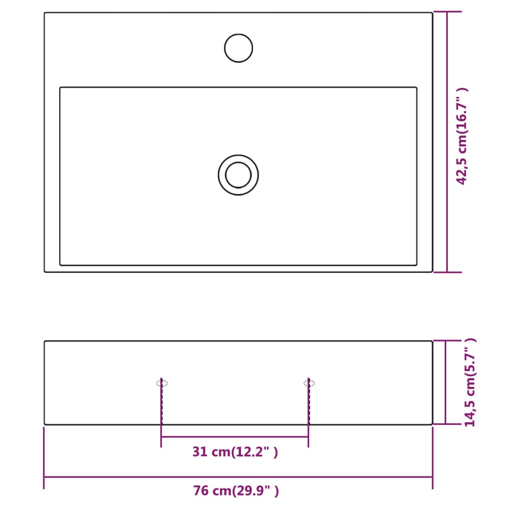 Baderomsvask med kranhull keramisk Hvit 76x42,5x14,5 cm