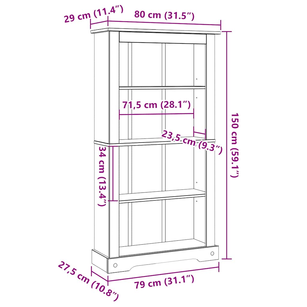 Bokhylle Tre med 4 hyller meksikansk Corona-stil furu 80x29x150 cm