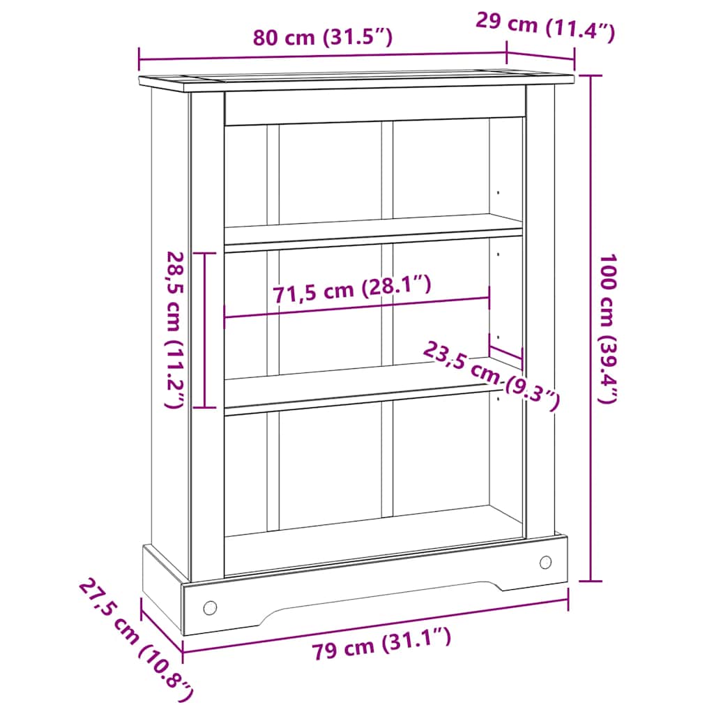 Bokhylle Tre med 3 hyller meksikansk Corona-stil furu 80x29x100 cm