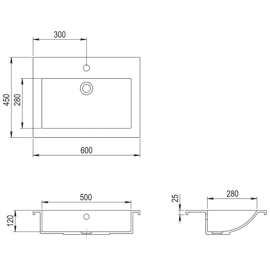 Baderomsvask granitt 600x450x120 mm grå