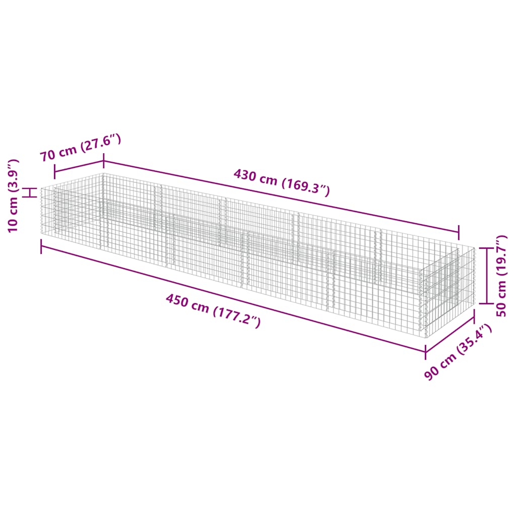Gabion høybed galvanisert stål 450x90x50 cm