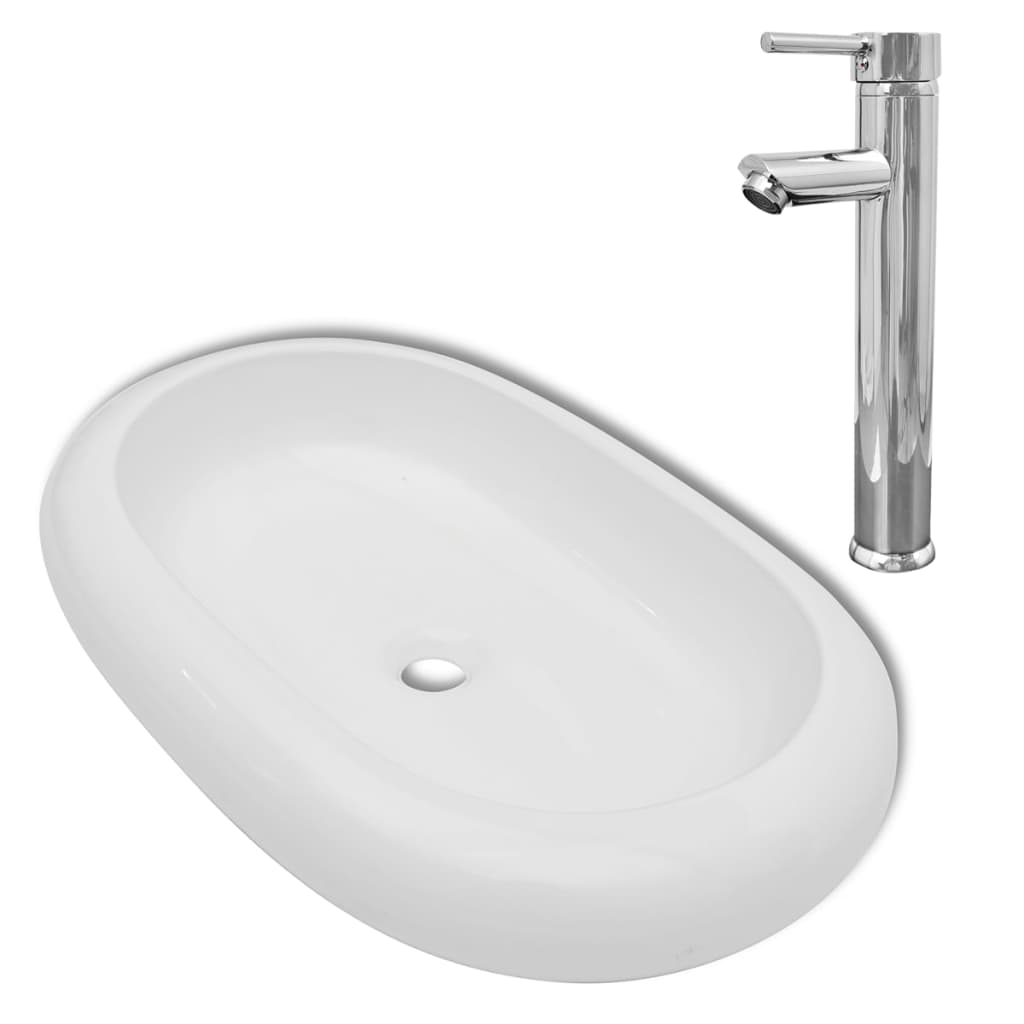 Baderomsvask Hvit med kran keramisk oval