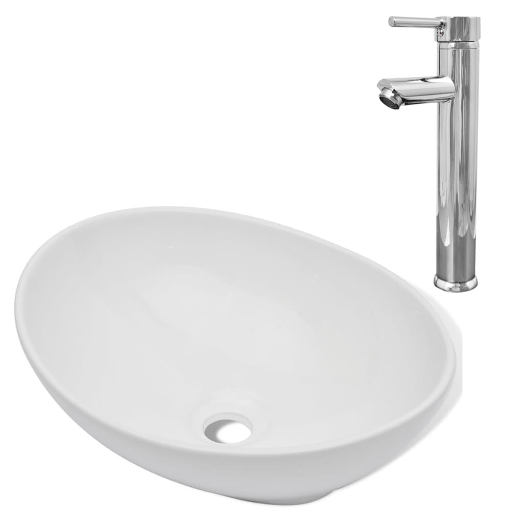 Baderomsvask Hvit med kran keramisk oval