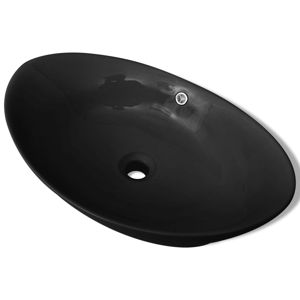 Baderomsvask Svart Luksus Keramisk Vask Oval med Overløp 59 x 38,5 cm