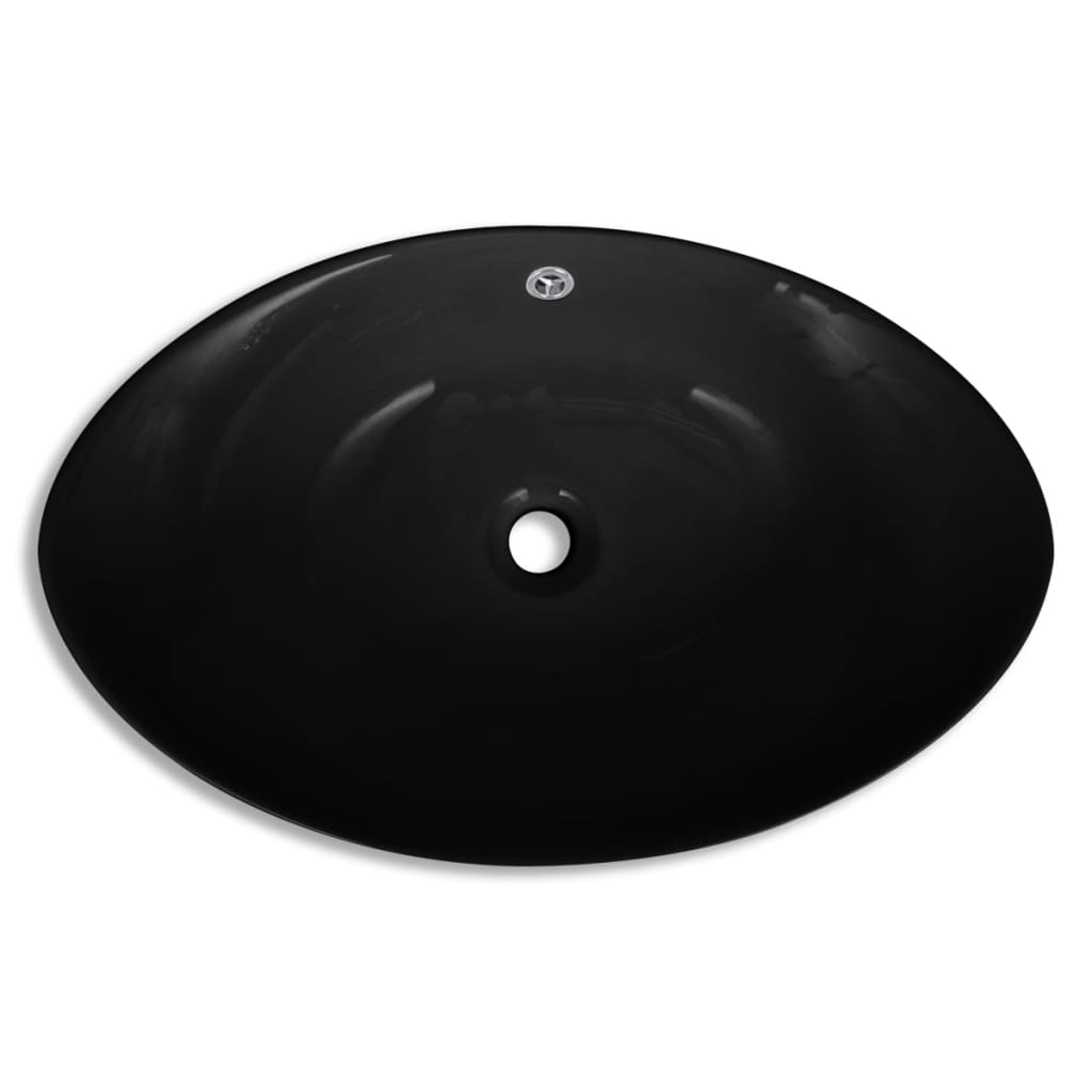 Baderomsvask Svart Luksus Keramisk Vask Oval med Overløp 59 x 38,5 cm