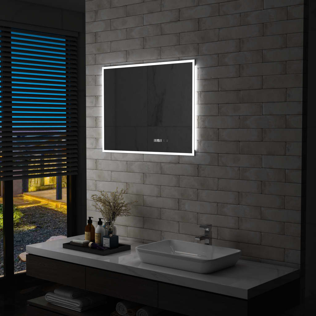 Baderomsspeil LED med berøringssensor og tidsvisning 80x60 cm