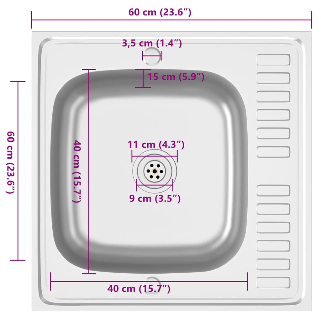 Kjøkkenvask med avløpssett sølv 600x600x155 mm rustfritt stål