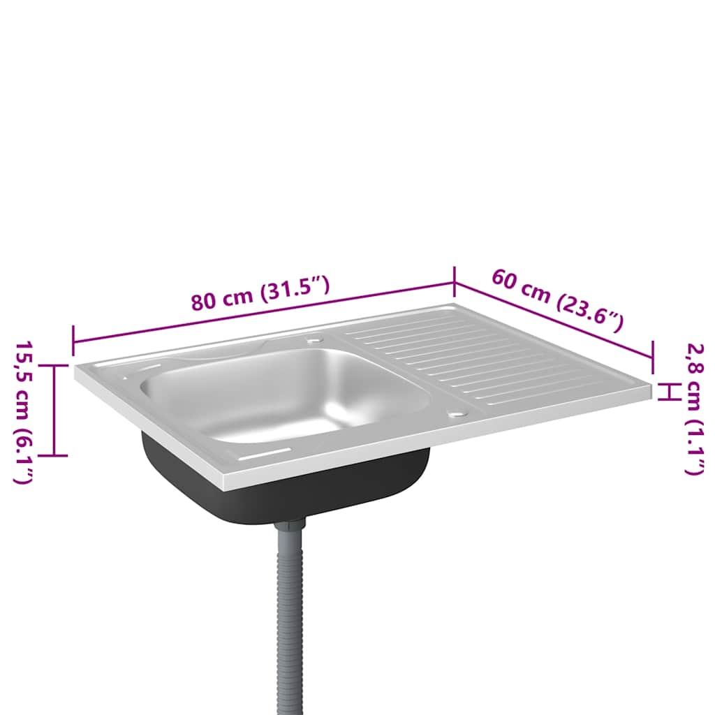 Kjøkkenvask med avløpssett sølv 800x600x155 mm rustfritt stål