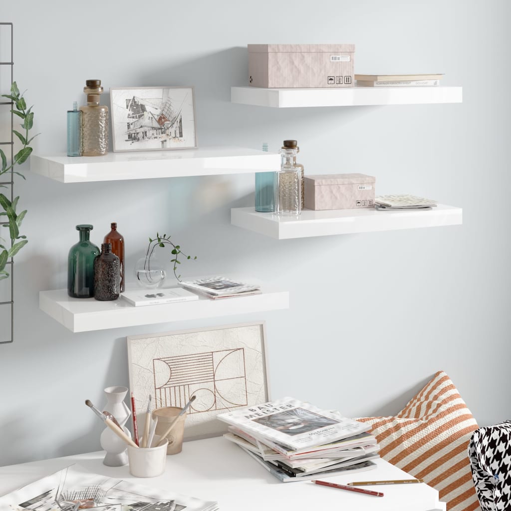 Vegghylle Høyglans Hvit Flytende 4 stk 50x23x3,8 cm MDF