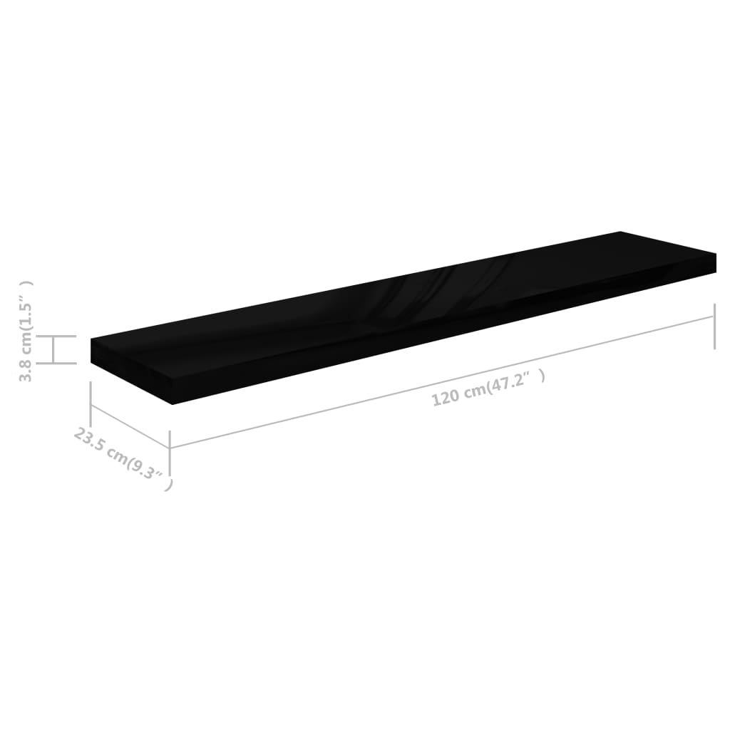Vegghylle Høyglans Svart Flytende 2 stk 120x23,5x3,8 cm
