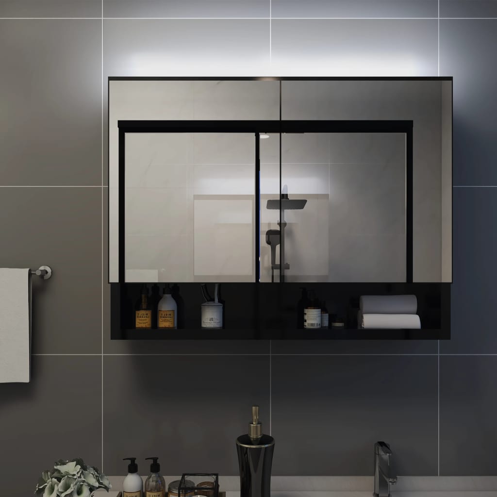Baderomsspeil Speilskap med LED Svart 80x15x60 cm