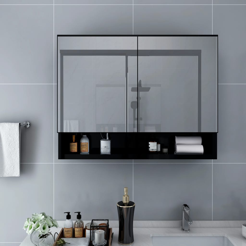 Baderomsspeil Speilskap med LED Svart 80x15x60 cm