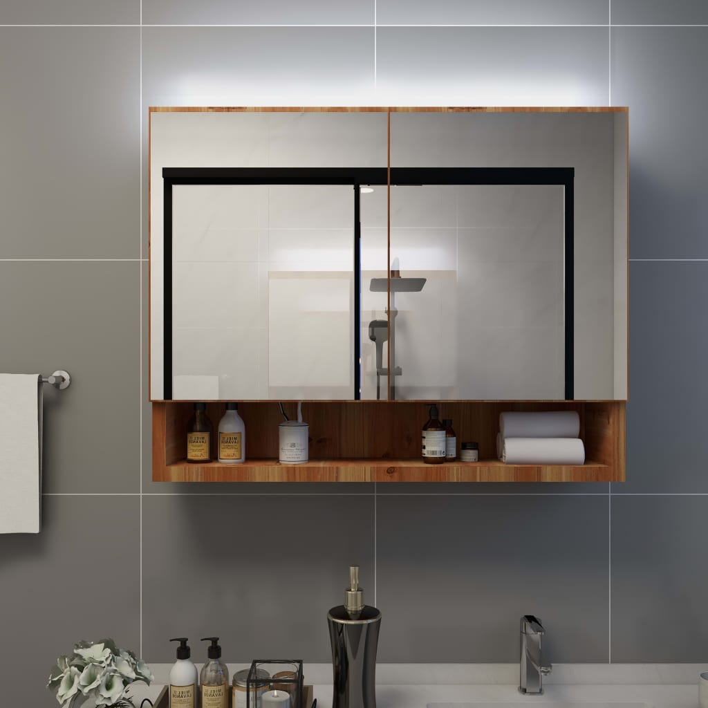Baderomsspeil Speilskap med LED til baderom Eik 80x15x60 cm