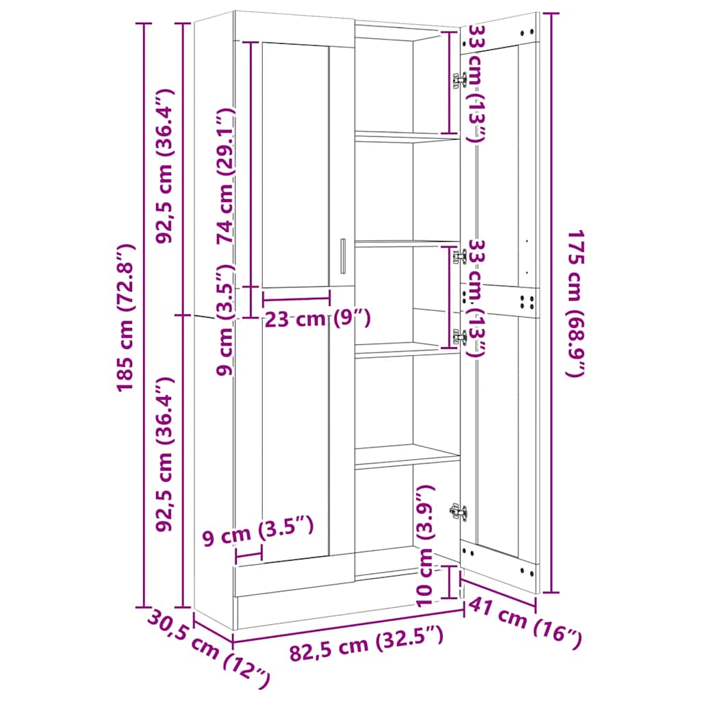 Vitrine hvit 82,5x30,5x185 cm konstruert tre