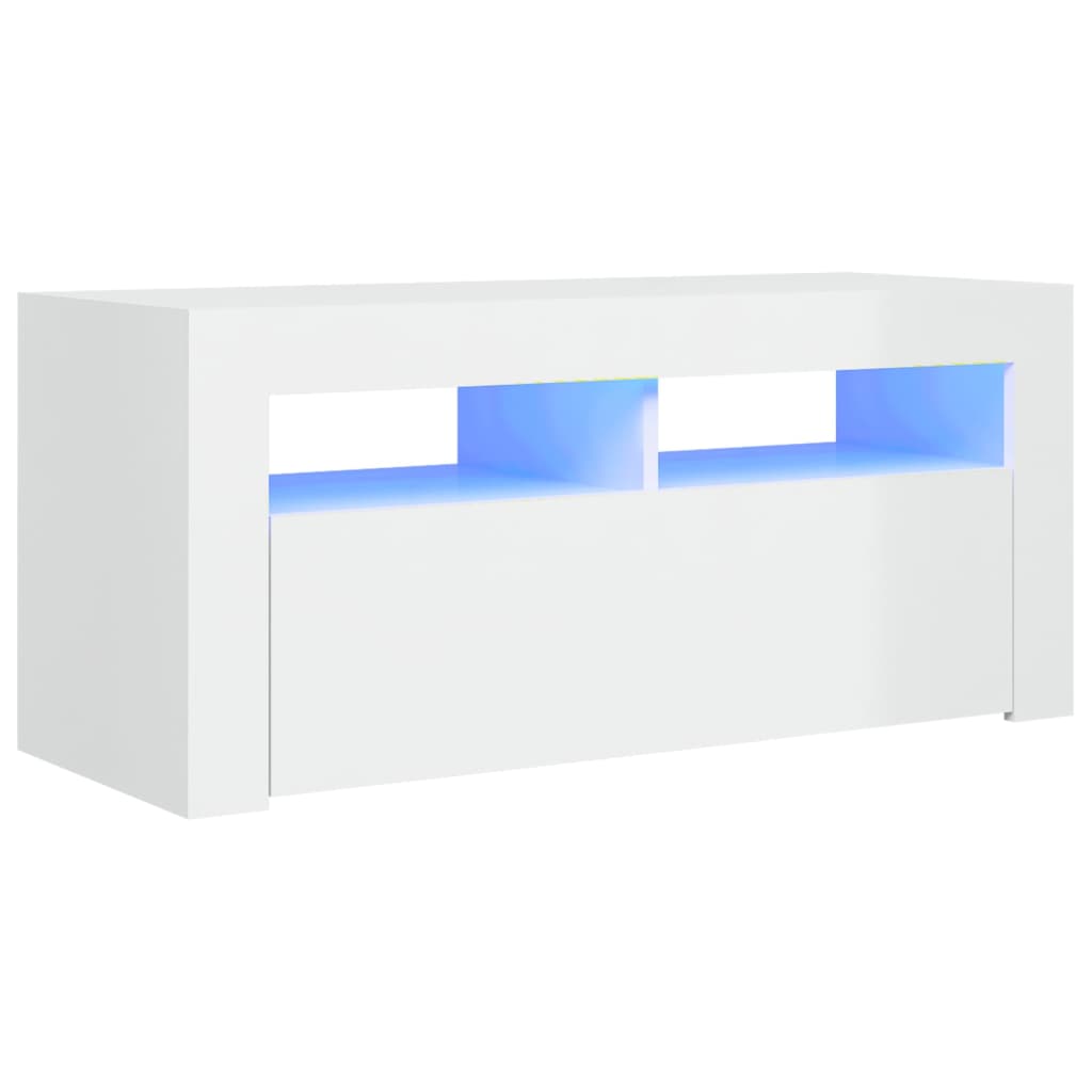 TV-Møbel Høyglans Hvit Tv-benk med LED-lys 90x35x40 cm