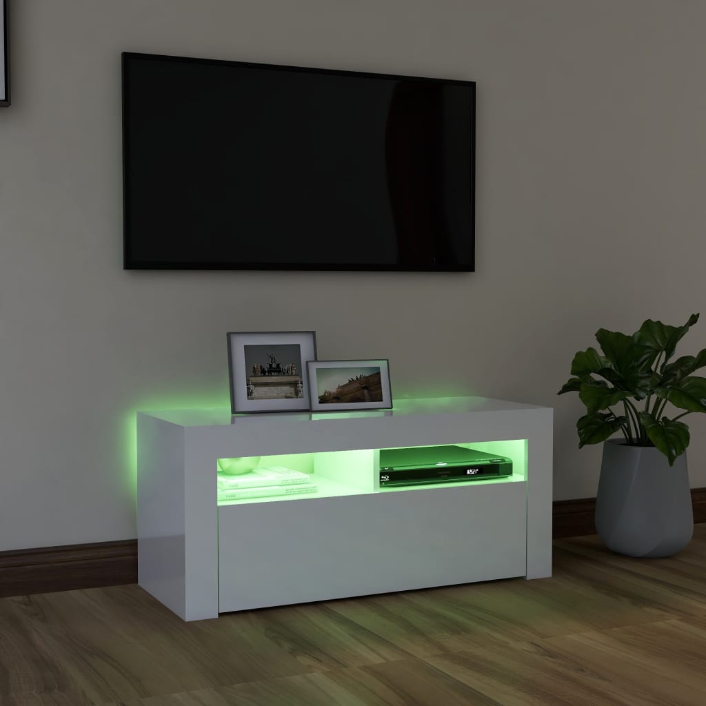 TV-Møbel Høyglans Hvit Tv-benk med LED-lys 90x35x40 cm