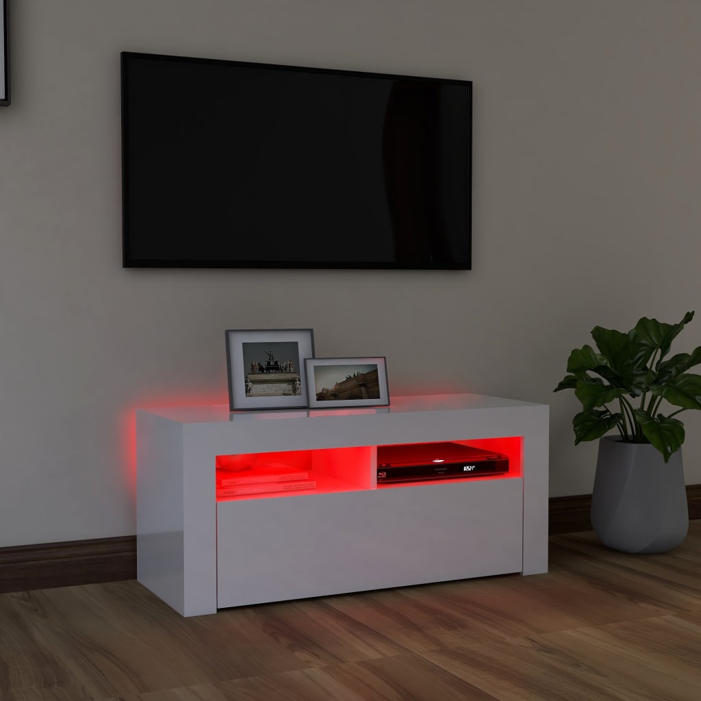 TV-Møbel Høyglans Hvit Tv-benk med LED-lys 90x35x40 cm