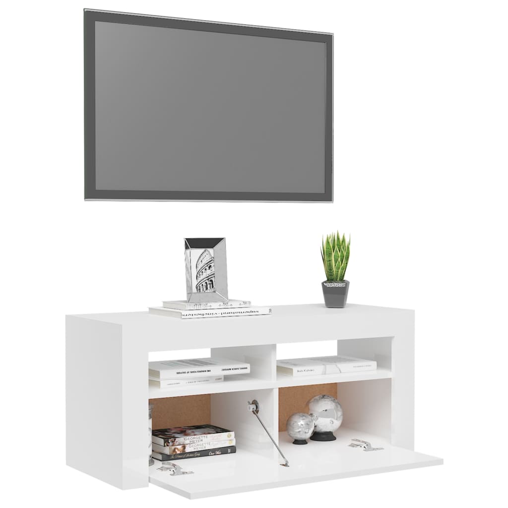 TV-Møbel Høyglans Hvit Tv-benk med LED-lys 90x35x40 cm