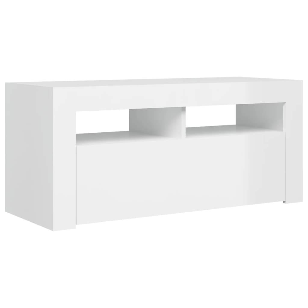 TV-Møbel Høyglans Hvit Tv-benk med LED-lys 90x35x40 cm