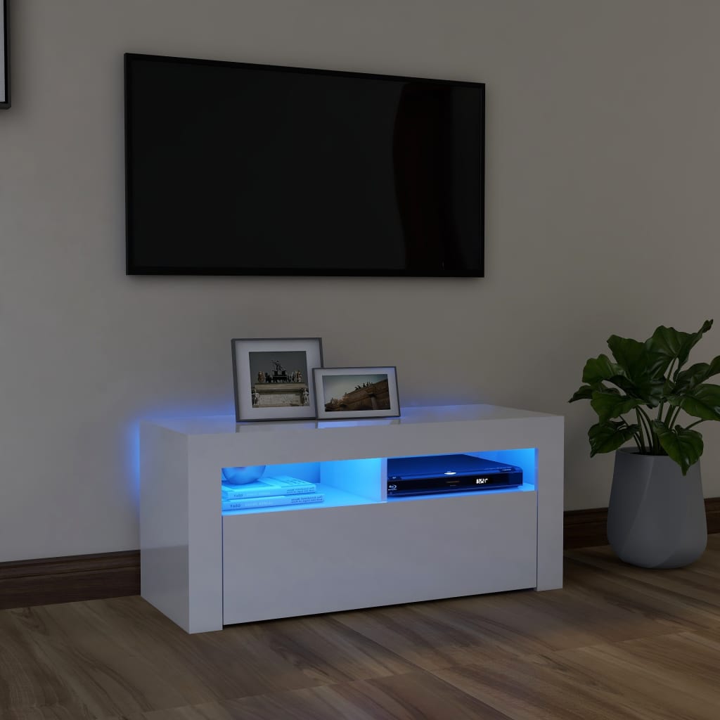 TV-Møbel Høyglans Hvit Tv-benk med LED-lys 90x35x40 cm