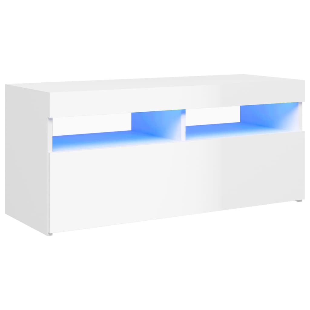 TV-Møbel Høyglans Hvit Tv-benk med LED-lys 90x35x40 cm