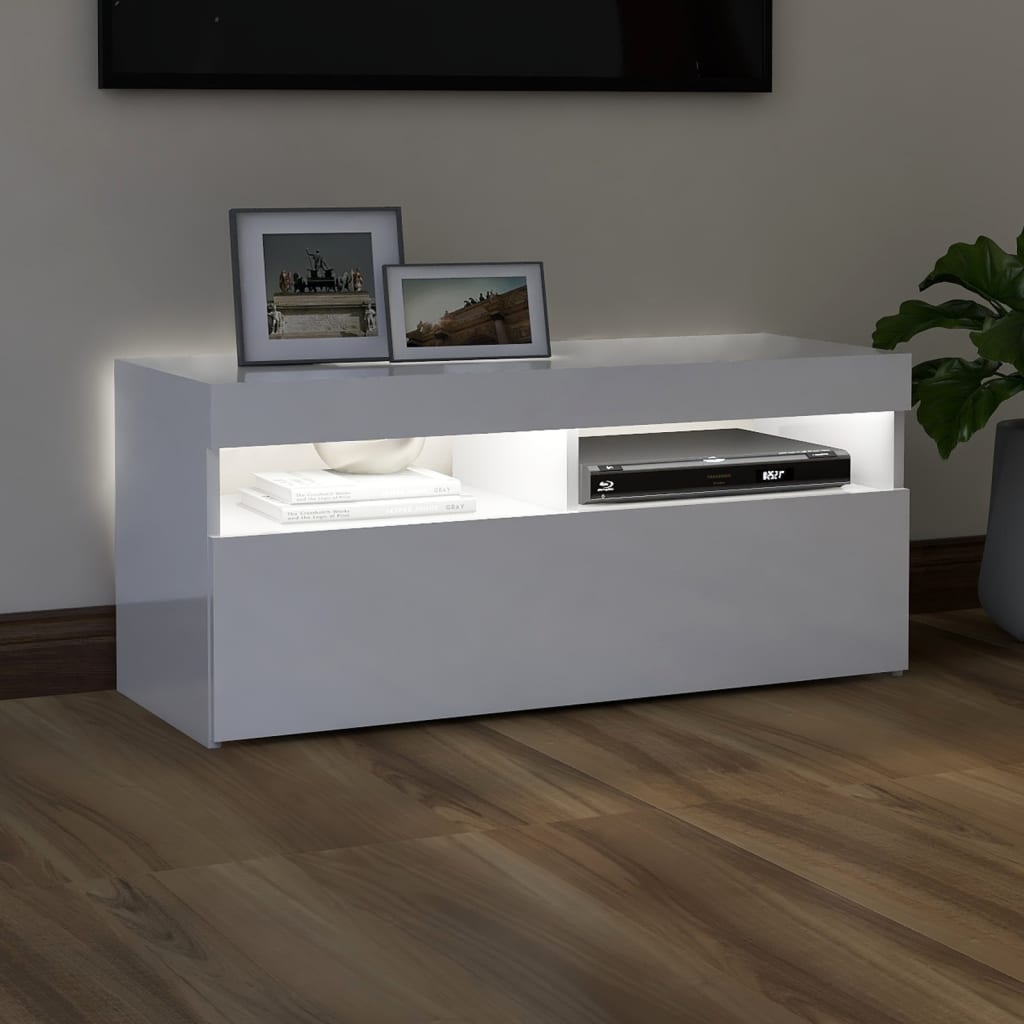 TV-Møbel Høyglans Hvit Tv-benk med LED-lys 90x35x40 cm
