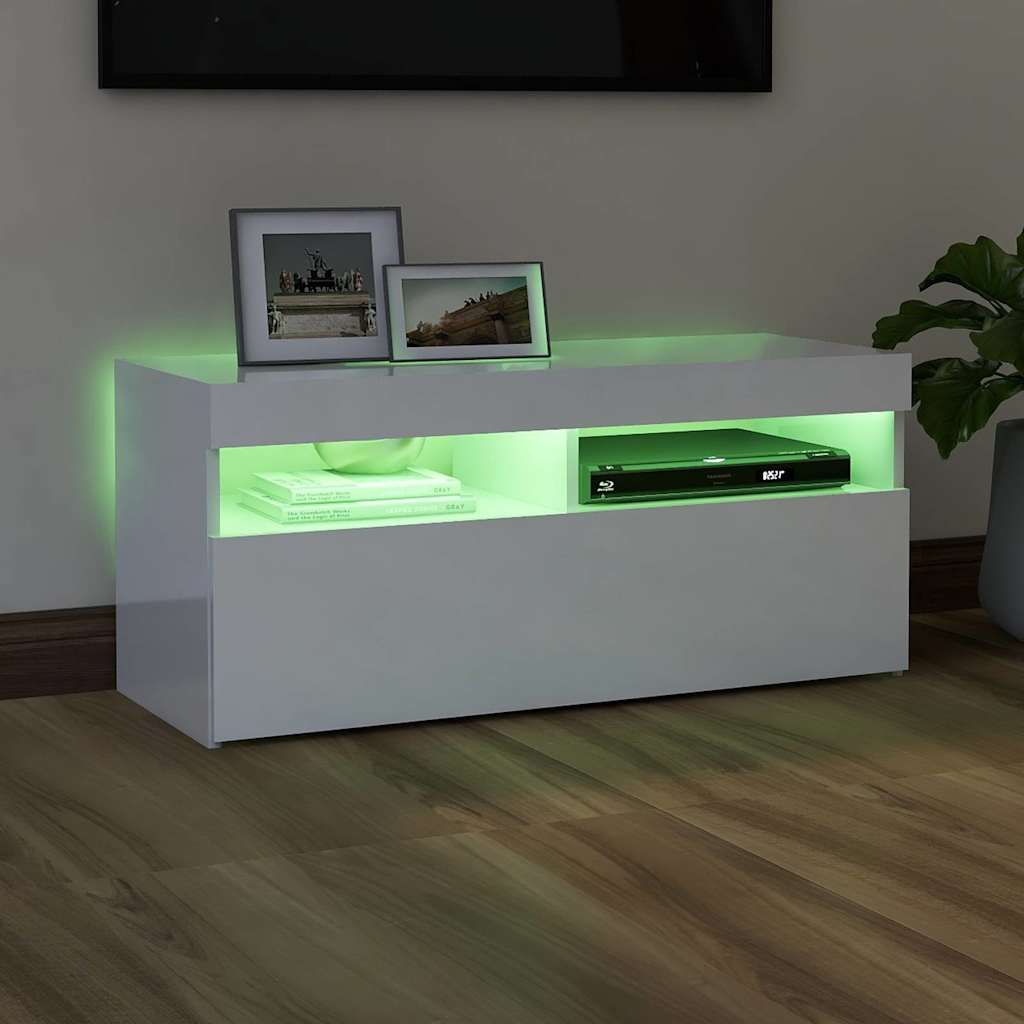 TV-Møbel Høyglans Hvit Tv-benk med LED-lys 90x35x40 cm