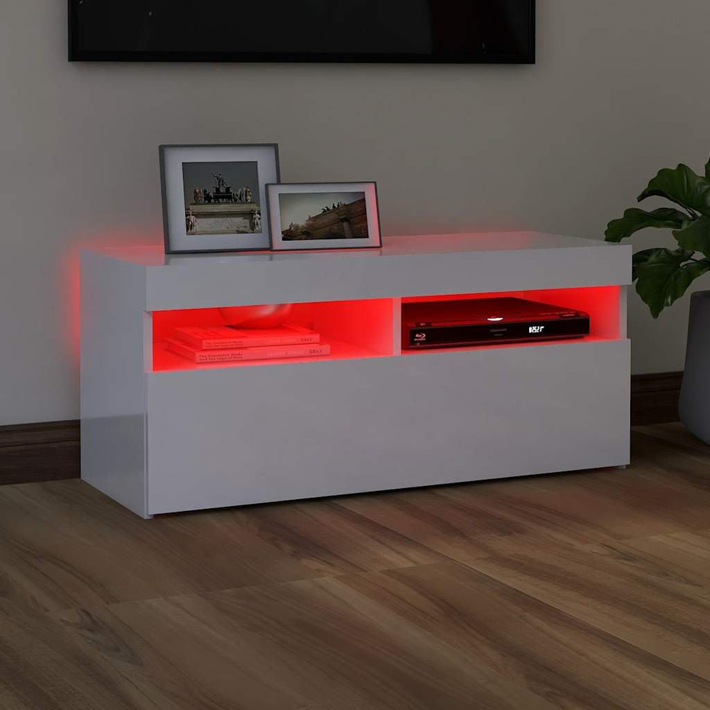 TV-Møbel Høyglans Hvit Tv-benk med LED-lys 90x35x40 cm