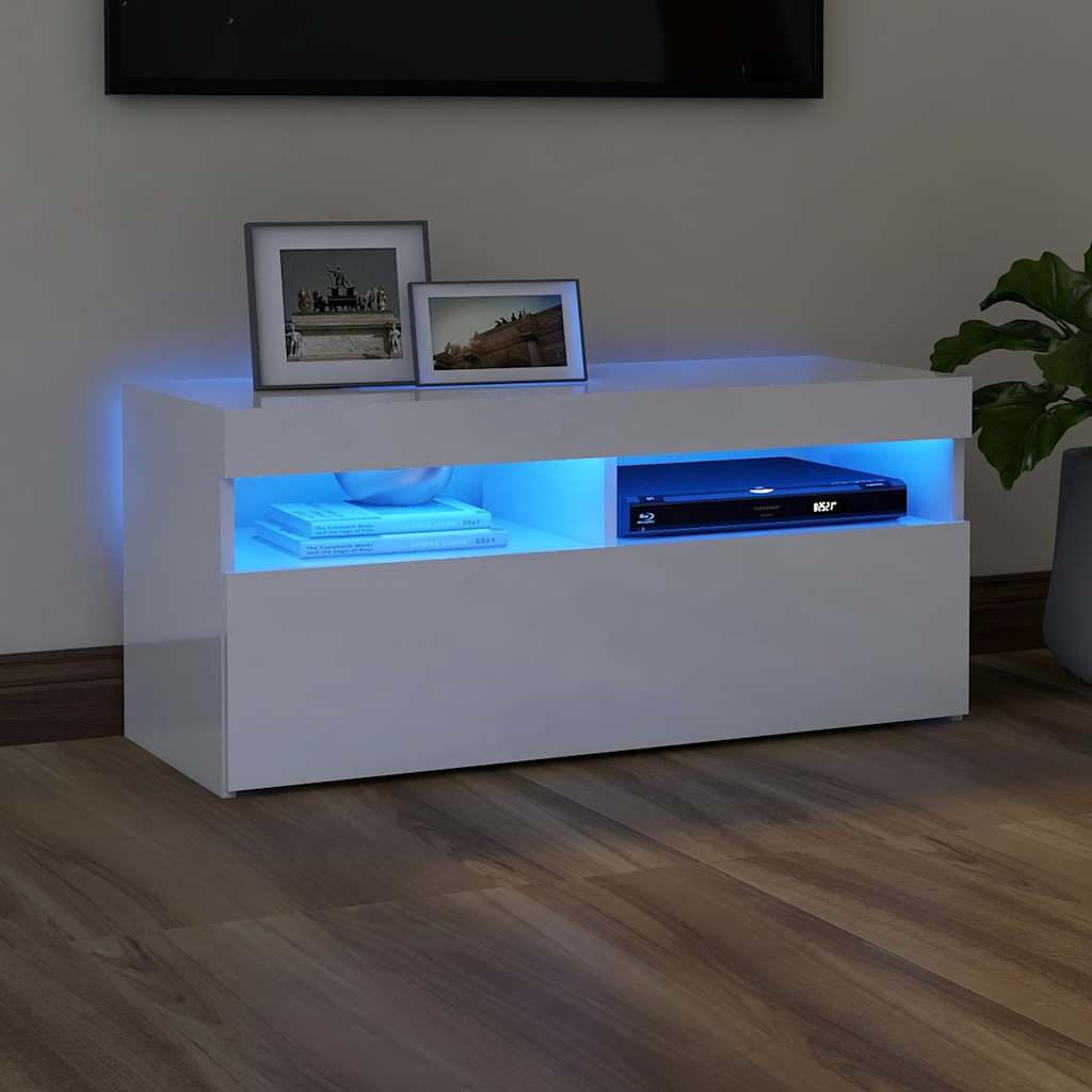 TV-Møbel Høyglans Hvit Tv-benk med LED-lys 90x35x40 cm