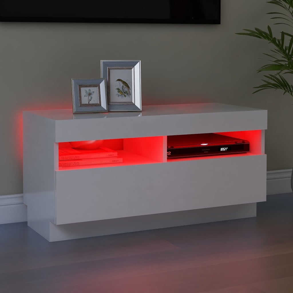 TV-Møbel Høyglans Hvit Tv-benk med LED-lys 80x35x40 cm