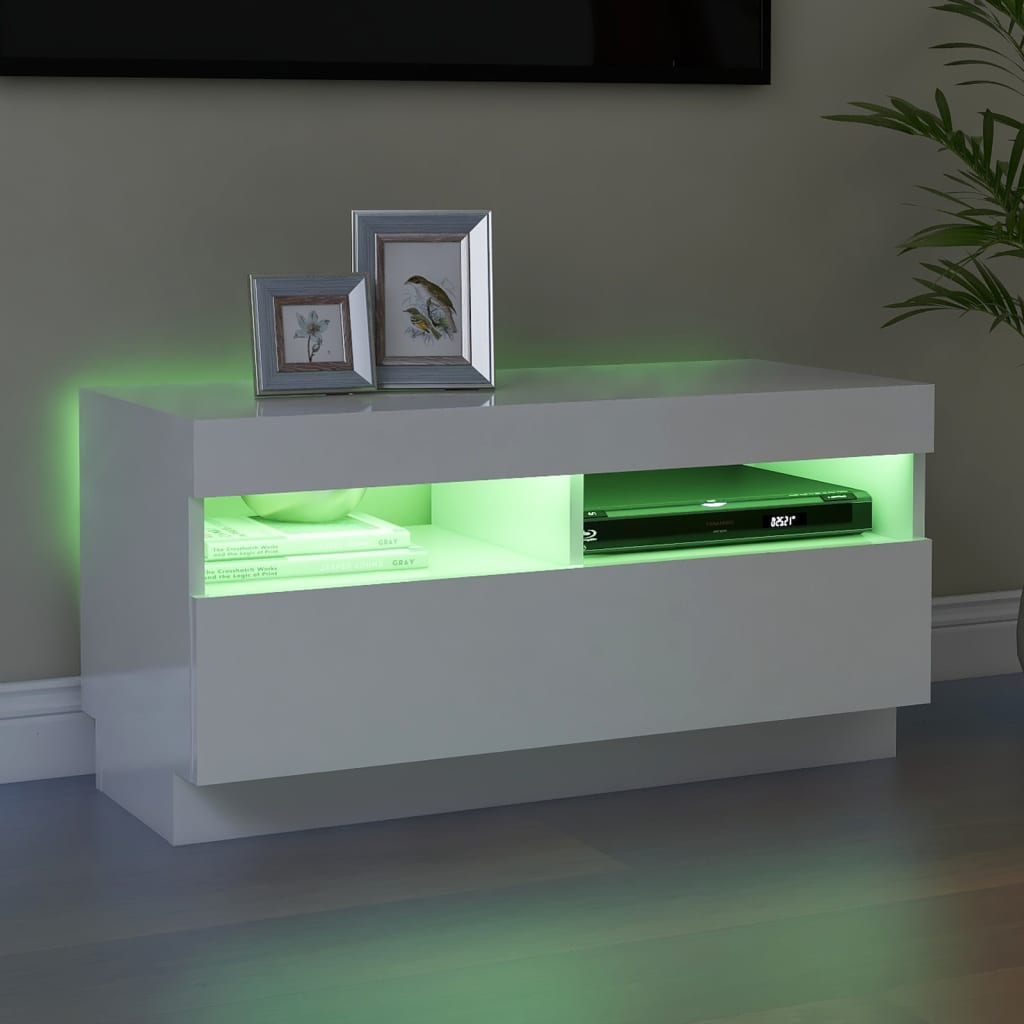TV-Møbel Høyglans Hvit Tv-benk med LED-lys 80x35x40 cm