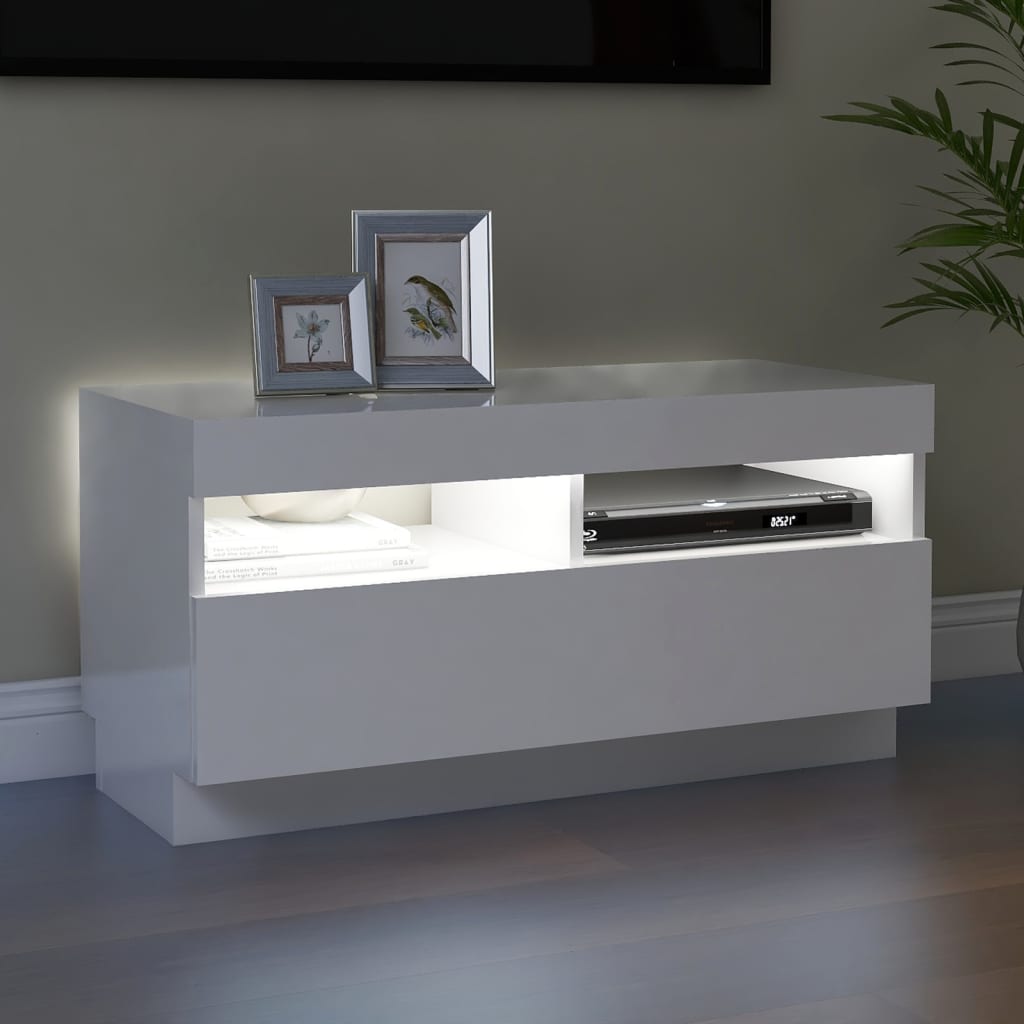 TV-Møbel Høyglans Hvit Tv-benk med LED-lys 80x35x40 cm