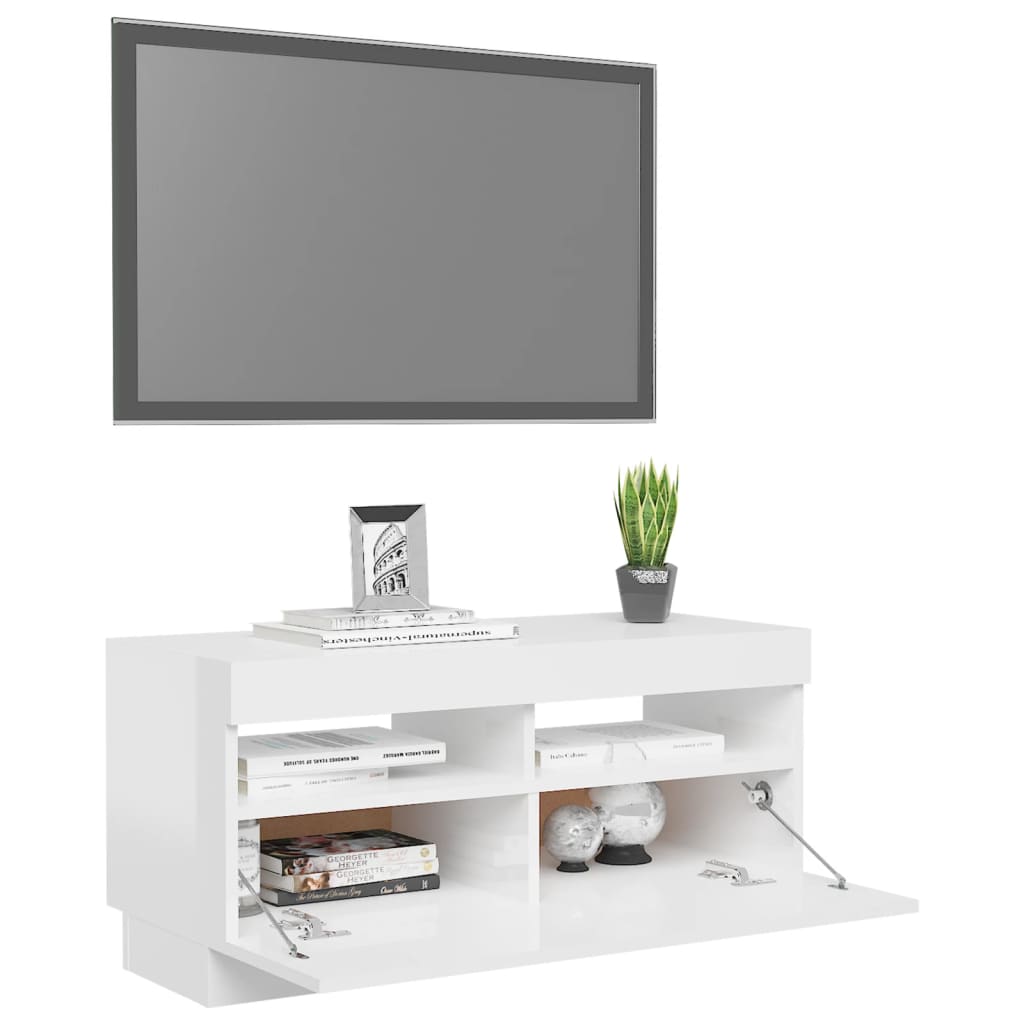 TV-Møbel Høyglans Hvit Tv-benk med LED-lys 80x35x40 cm