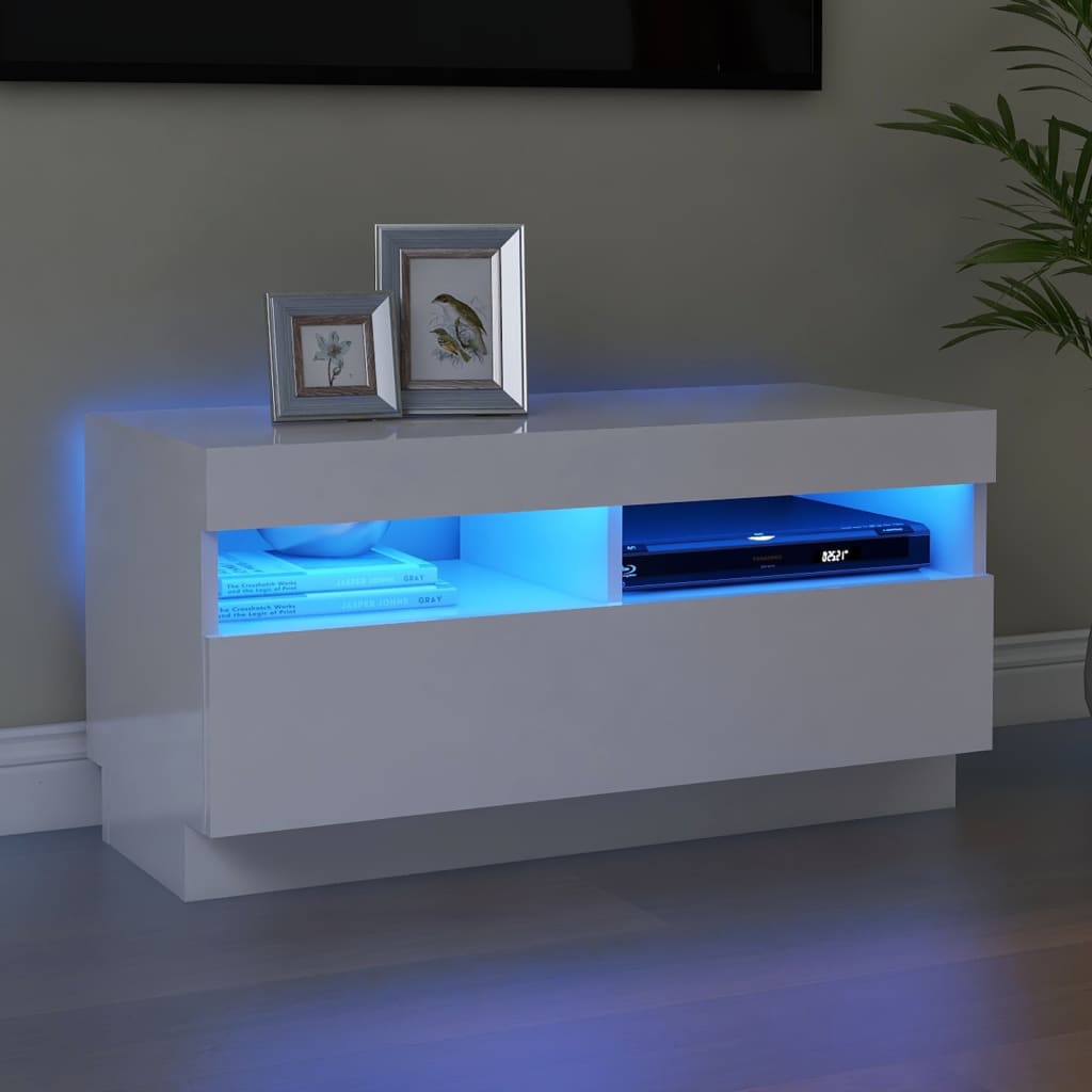 TV-Møbel Høyglans Hvit Tv-benk med LED-lys 80x35x40 cm