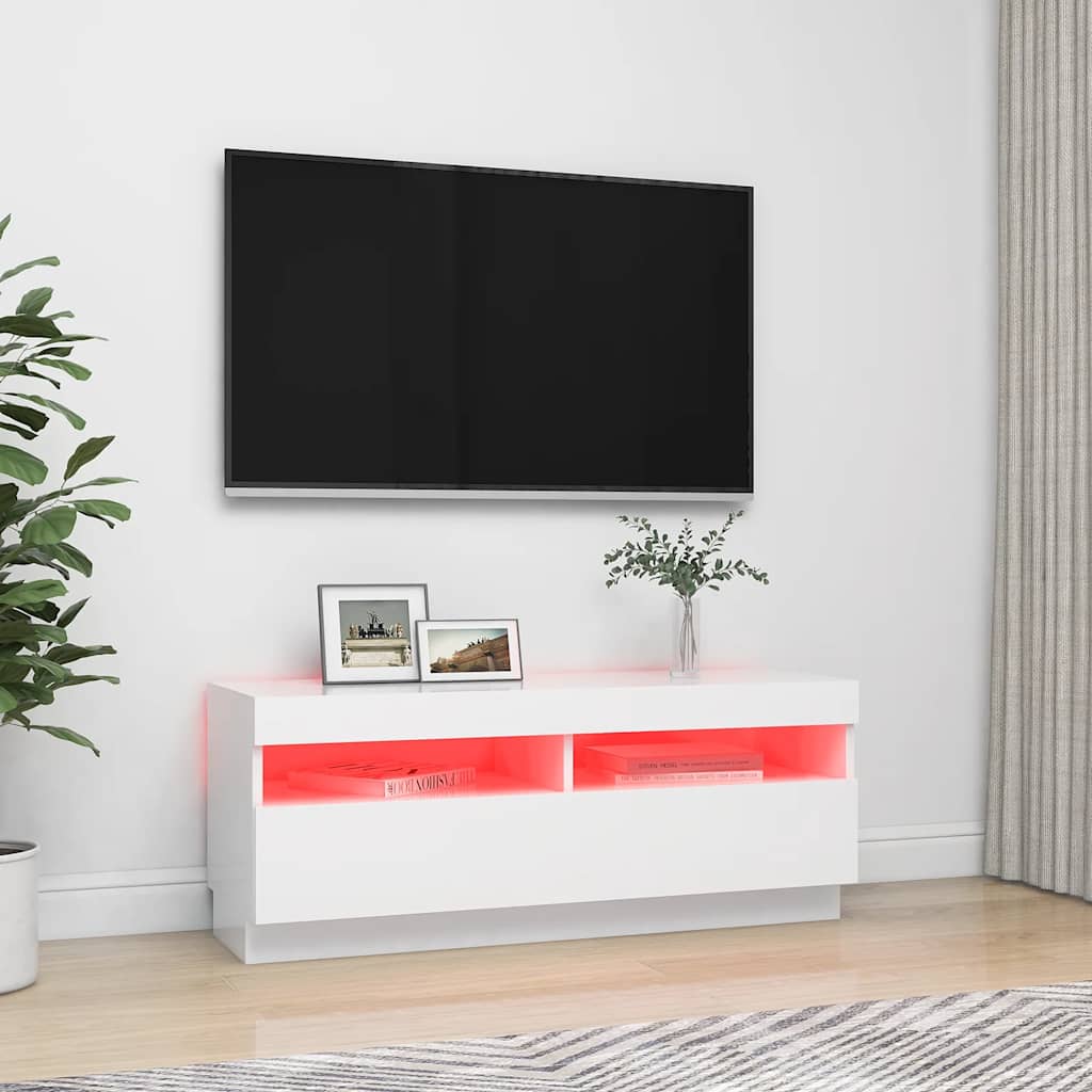 TV-Møbel Hvit TV-benk med LED-lys 100x35x40 cm