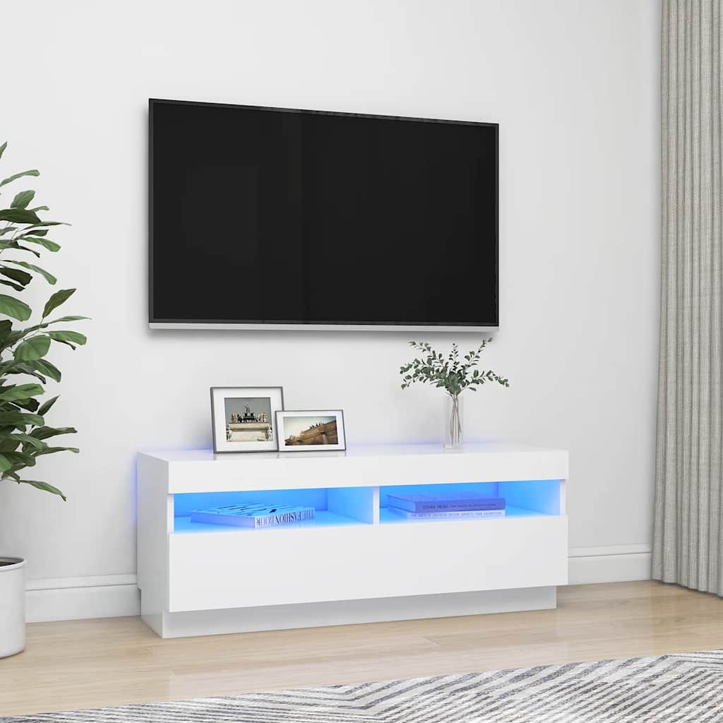 TV-Møbel Hvit TV-benk med LED-lys 100x35x40 cm