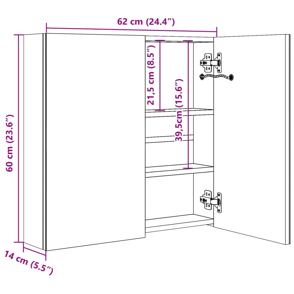 Baderomsspeil LED Speilskap til bad 62x14x60 cm