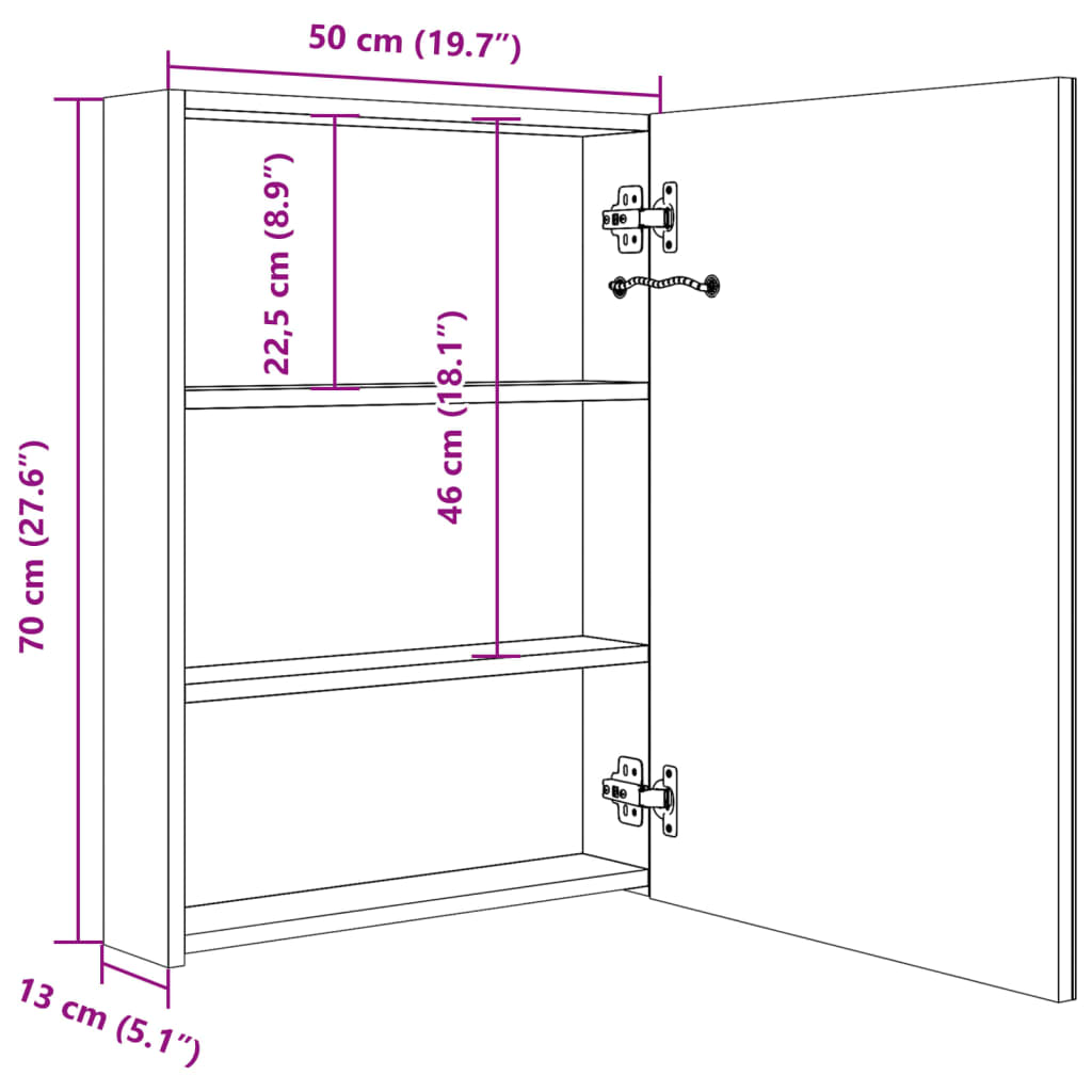 Baderomsspeil LED Speilskap til bad 50x13x70 cm