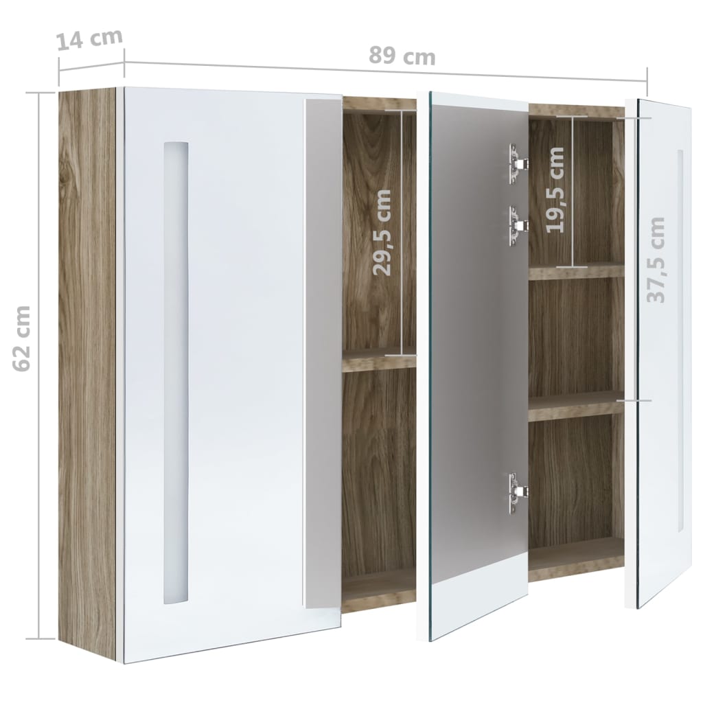 Baderomsspeil LED Speilskap til bad 89x14x62 cm Hvit og Eik
