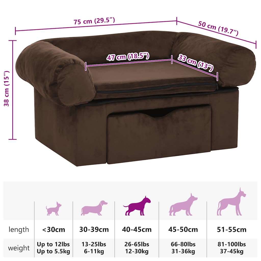 Hundeseng Hundesofa med skuff Brun 75x50x38 cm plysj