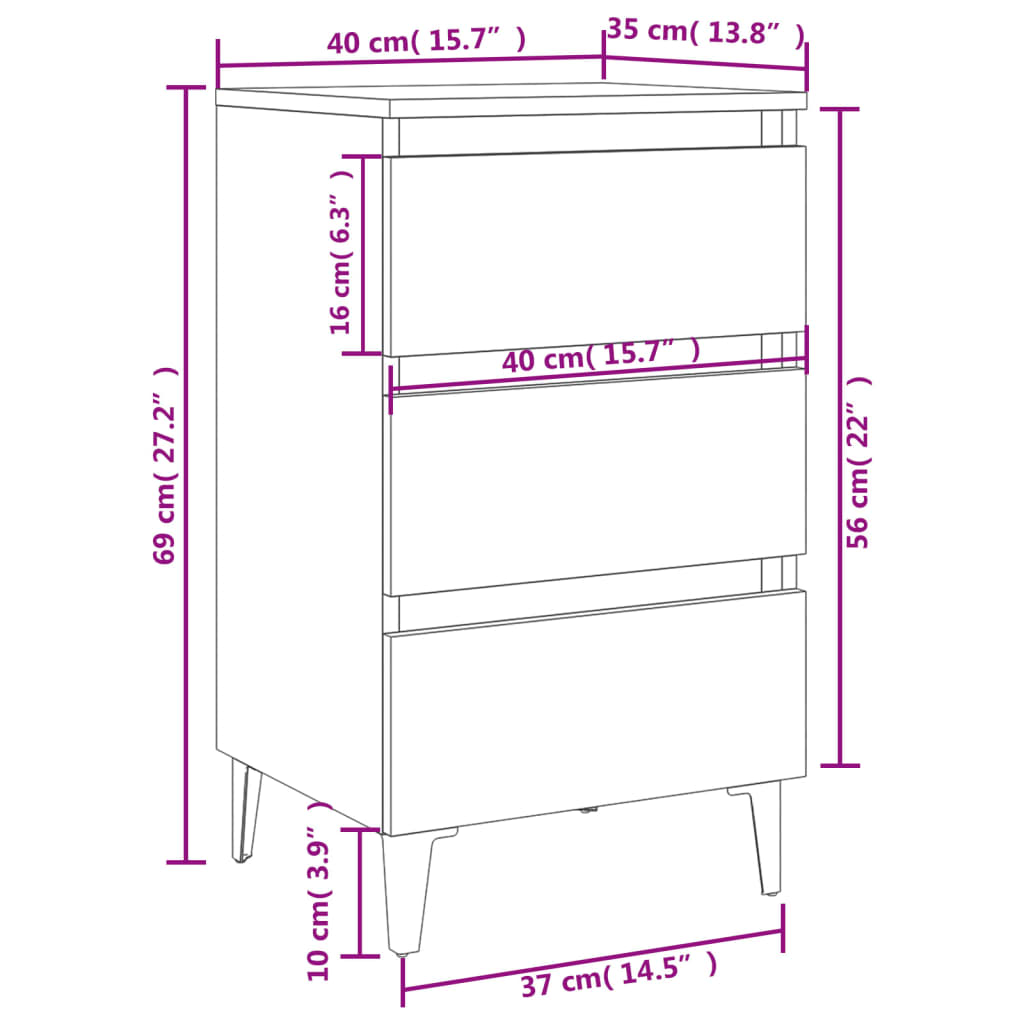 Nattbord Sengbord Svart med metallben 40x35x69 cm