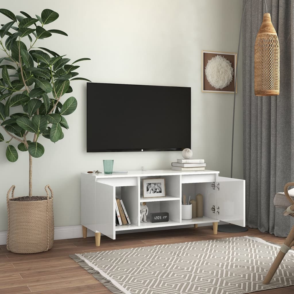 TV-Møbel Høyglans Hvit Tv-benk med ben i heltre 103,5x35x50 cm