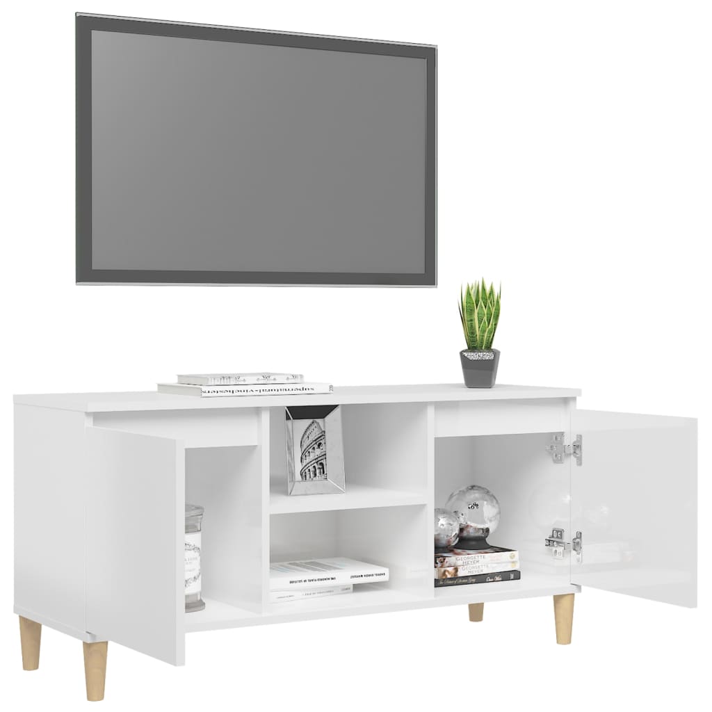 TV-Møbel Høyglans Hvit Tv-benk med ben i heltre 103,5x35x50 cm