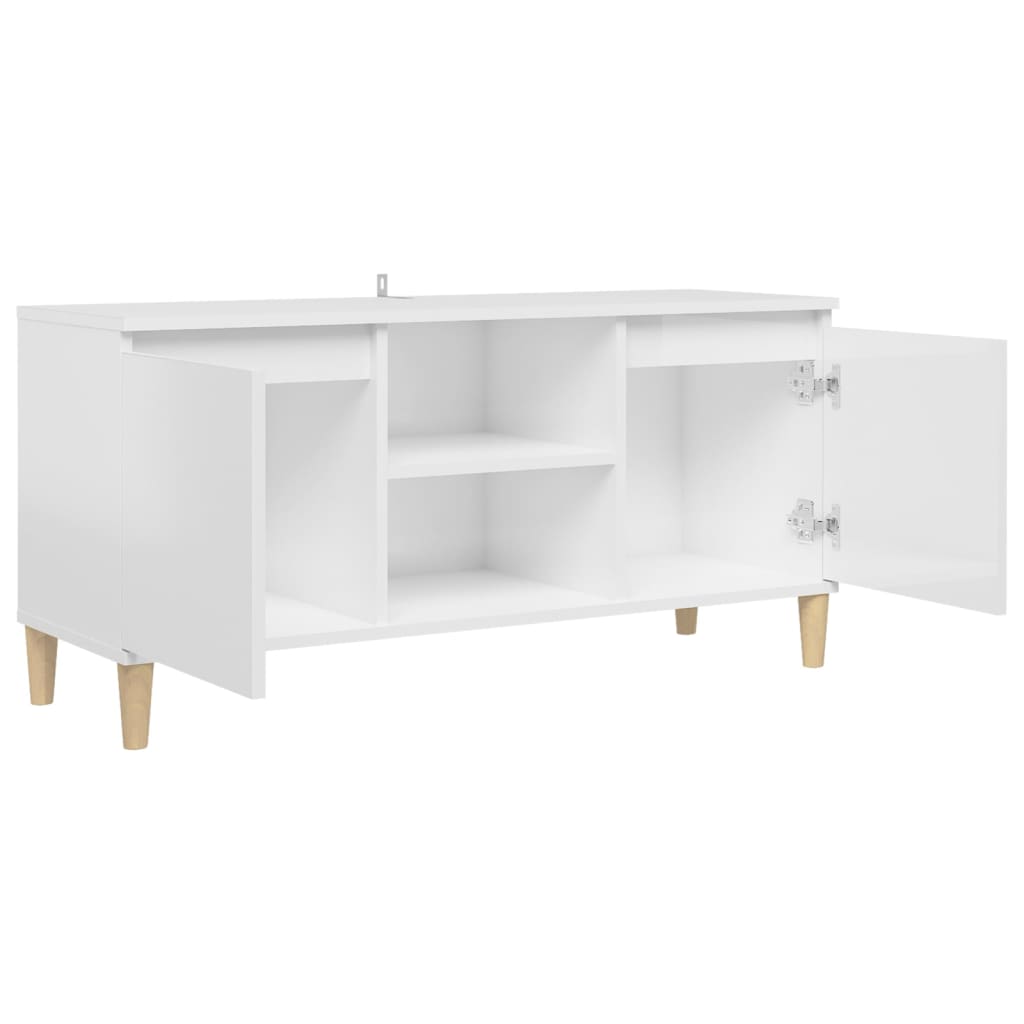 TV-Møbel Høyglans Hvit Tv-benk med ben i heltre 103,5x35x50 cm