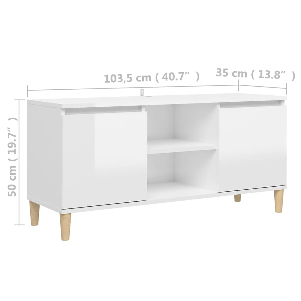 TV-Møbel Høyglans Hvit Tv-benk med ben i heltre 103,5x35x50 cm
