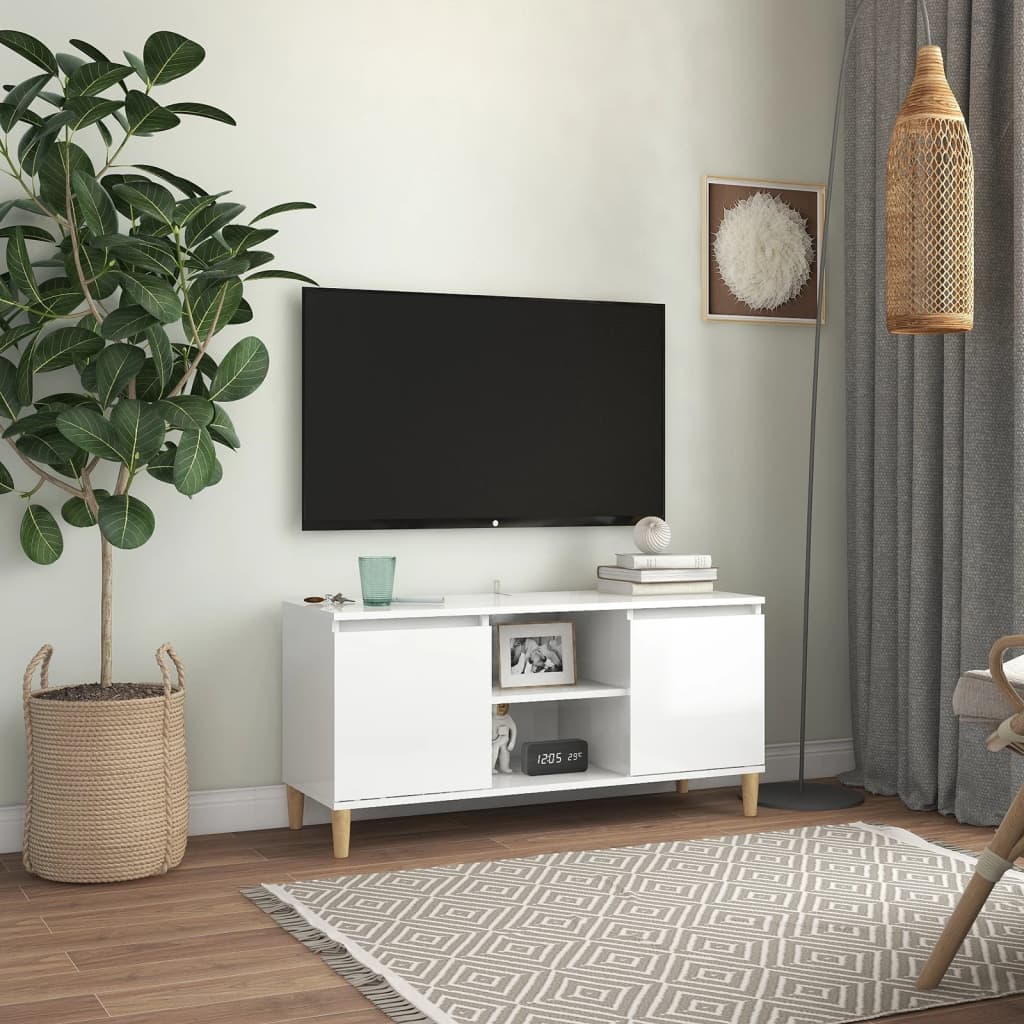 TV-Møbel Høyglans Hvit Tv-benk med ben i heltre 103,5x35x50 cm