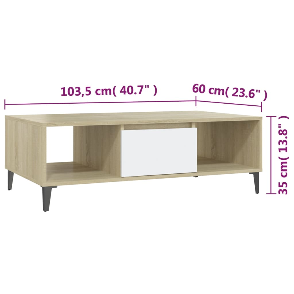 Salongbord Sofabord Hvit og Sonoma Eik 103,5x60x35 cm