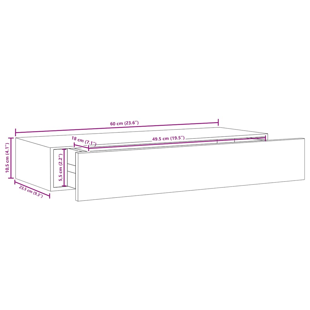 Vegghylle Betonggrå skuffehylle 60x23,5x10 cm MDF